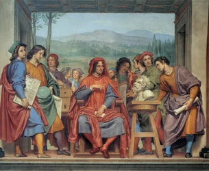 Laurent de Medici (1449 - 1492) (Laurent the Magnificent: Lorenzo il Magnifico) sentado no meio dos artistas, Fresco de Ottavio Vannini (1585 1643) - Museo degli argenti, Florença