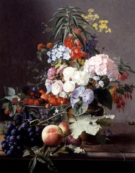 Natureza morta com frutos e flores. Pintura de Otto Didrik Ottesen (1816-1892) Coleção particular.