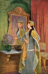 «Espelho meu, espelho meu, quem é a mais bela de todas?», ilustração do conto de Grimm «Branca de Neve e os Sete Anões», c. 1900