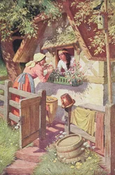 A rainha malvada, disfarçada de velha, oferece a maçã envenenada à Branca de Neve, ilustração do conto dos Grimm «Branca de Neve e os Sete Anões», c. 1900