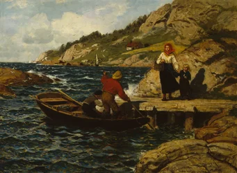 Pescador, mulher e criança junto ao cais