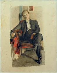 Retrato, jovem, homem, sentando