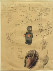 Folha de desenho com composição e estudos manuais sobre Handehuchhaltende (respostas)