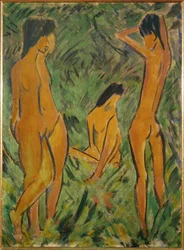 Rapaz em frente de duas raparigas, uma de pé, outra sentada (distemper sobre serapilheira)
