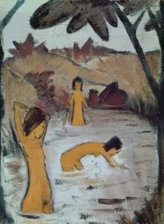 Três banhistas no lago. Por volta de 1912