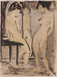 Três nus femininos (aguarela, giz sobre papel)