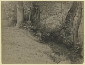 Paisagem de riacho com rapazes