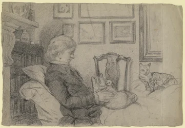 Luise Scholderer junto à la lareira com muitos gatos