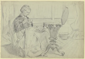 Luise Scholderer à mesa de costura, com um trabalho de agulha