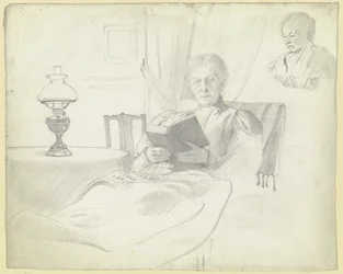 Luise Scholderer a ler com mesa e candeeiro, busto de uma figura feminina ao fundo