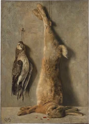 Natureza-morta com lebre morta e galinha-da-guiné diante de um muro cinzento