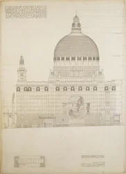 Esboço da igreja de Steinhof, o hospital central de Viena para doentes mentais ...