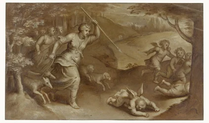 Diana expulsa Cupido e os seus ajudantes que a tentaram apanhar