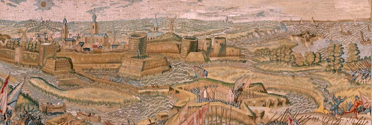 Tapeçaria flamenga. Série Triunfos e batalhas do Arquiduque Albert. Assalto e captura do campo de batalha entrincheirado de Hulst (Asalto y toma del campo atrincherado de Hulst). Sexta tapeçaria da série. Modelo Otto van Veen e Hans I Snellinck. Fabricante