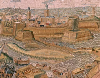 Tapeçaria flamenga. Série Triunfos e batalhas do Arquiduque Albert. Assalto e captura do campo de batalha entrincheirado de Hulst (Asalto y toma del campo atrincherado de Hulst). Sexta tapeçaria da série. Modelo Otto van Veen e Hans I Snellinck. Fabricante