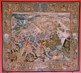 tapeçaria flamenga. Série Triunfos e batalhas do arquiduque Albert. Batalha nas trincheiras de Hulst (Combate en las trincheras de Hulst). Quinta tapeçaria da série. Modelo Otto van Veen e Hans I Snellinck. Manufatura Martin Reynbouts, Bruselas. 1597-159