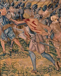 tapeçaria flamenga. Série Triunfos e batalhas do arquiduque Albert. Ataque noturno a Ardres ou Captura da cidade baixa de Ardres (Asalto nocturno de Ardrés o Toma de la baja villa de Ardrés). Terceira tapeçaria da série. Modelo Otto van Veen e Hans I Snell
