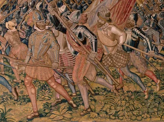 Tapeçaria flamenga. Série Triunfos e batalhas do Arquiduque Albert. Ataque nocturno a Ardres ou Captura da cidade baixa de Ardres (Asalto nocturno de Ardrés o Toma de la baja villa de Ardrés). Terceira tapeçaria da série. Modelo Otto van Veen e Hans I Snel