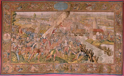 Tapeçaria flamenga. Série Triunfos e batalhas do Arquiduque Albert. Surpresa em Calais (La sorpresa de Calais). Primeira tapeçaria da série. Modelo Otto van Veen e Hans I Snellinck. Fabrico de Martin Reynbouts, Bruselas. 1597-1599. Tecido Ouro, prata, si