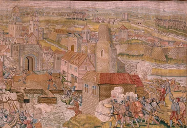 Tapeçaria flamenga. Série Triunfos e batalhas do Arquiduque Albert. Surpresa em Calais (La sorpresa de Calais). Primeira tapeçaria da série. Modelo Otto van Veen e Hans I Snellinck. Fabrico de Martin Reynbouts, Bruselas. 1597-1599. Tecido Ouro, prata, si