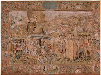 Tapeçaria flamenga. Série Triunfos e batalhas do Arquiduque Albert. A captura da cidade de Hulst (Toma de la Plaza de Hulst). Sétima tapeçaria da série. Modelo Otto van Veen e Hans I Snellinck. Fabrico Martin Reynbouts, Bruxelas