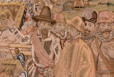 Tapeçaria flamenga. Série Triunfos e batalhas do Arquiduque Albert. A captura da cidade de Hulst (Toma de la Plaza de Hulst). Sétima tapeçaria da série. Modelo Otto van Veen e Hans I Snellinck. Fabrico Martin Reynbouts, Bruxelas