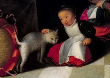 O artista e sua família Detalhe representando o gato e a criança. Pintura de Octavius Van Veen (1556-1629)