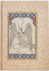 Anjo, voador, com copo e frasco de vinho (Tinta, lavagem a cores e ouro sobre papel)