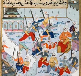 Captura de Constantinopla: o exército do Sultão Otomano Mehmed II (Mehmed II o Conquistador ou Muhammad II Fatih) (1430-1481) no Corno de Ouro sitiou a cidade de Constantinopla em 1453. Miniatura do século XV. Biblioteca do Museu Topkapi Sarayi em Istambul