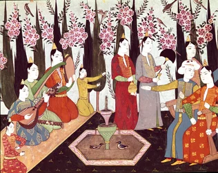 Festas organizadas num harém em miniatura do álbum do Sultão Ahmed I (1590-1617) Século XVII Istambul, Biblioteca do Museu Topkapi Sarayi