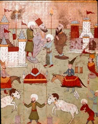Festas organizadas por ocasião da circuncisão do filho do Sultão Otomano Murad II (Murat) (1404-1451), preparação de fogos de artifício Miniatura do século XVI Istambul, Biblioteca do Museu Topkapi Sarayi