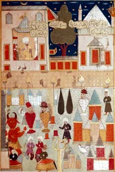 Festas organizadas por ocasião da circuncisão do filho do Sultão Otomano Murad II (Murat) (1404-1451), preparação de fogos de artifício Miniatura do século XVI Istambul, Biblioteca do Museu Topkapi Sarayi