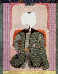 Império Otomano: "Retrato do Sultão Otomano Bajazed (Bayezid, Bajazet, Bayazid) II o Justo (1447-1512)" Miniatura do manuscrito (Ms. 1973, folio 62a) "Zubdat al Tawarikh" (Zubdat al Tawarikh) (Creme das Histórias) do historiador Seyid Loqid Ashuri 1