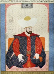 Império Otomano: "Retrato do Sultão Otomano Murad I (1326-1389)" Miniatura do manuscrito (Ms. 1973, folio 62a) "Zubdatat-al-Tawarikh" (Zubdat al-Tawarikh) (Creme das Histórias) do historiador Seyyid Loqman Ashuri 1538. Museu de Arte Turco e Islâmico