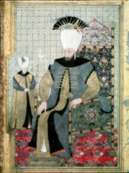 Império Otomano: Retrato do Sultão Ahmet (ou Ahmed) III (1673-1736)" É representativo apontando o seu dedo pode ser para indicar a ordem de abate da ordem dos Janissários. Miniatura de Istambul, Museu Topkapi Sarayi, Turquia