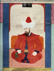 Império Otomano: "Retrato do Sultão do Império Otomano Orhan (Orkhan ou Urchan) I (1281-1360)" Miniatura de "Zubdat al Tawarikh" (Ms. 1973, fol. 59b) de Seyyyd Lokman Ashuri 1583 Istambul, Museu de Arte Turco-islâmica