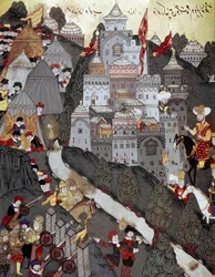 Império Otomano: o sultão Bayezid I (Bajazet) (cerca de 1360-1402) regressou vitorioso à cidade de Nicópolis após a batalha do mesmo nome em 25/09/1396. Miniatura do século XVI. Istambul, Biblioteca do Museu do Palácio de Topkapi.