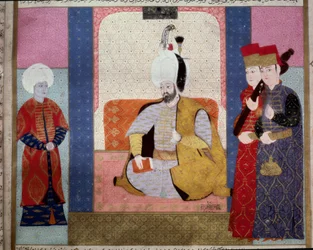 Império Otomano: "Sultão Murad III (1546-1595) rodeia cortesãos" Miniatura de "Zubdat al Tawarikh" (Ms. 1973, fol. 59b) de Seyyd Lokman Ashuri 1583 Istambul, Turkish-Islamic Art Museum