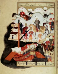 Império Otomano: "Sultão Murad III (1574-1595) Visitando o Porto de Constantinopla" Manuscrito miniatura ms. FY 1404 "Sehinsahname" (ou Shahinshah-nameh ou Shahinshah-nameh, Shahinshah nama, Shahinshah nameh) "A História do Rei dos Reis" poema o