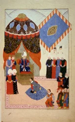 Império Otomano: Sultão Soliman (Suleyman) Eu disse que o Magnífico (1520-1566) rodeia cortesãs" Miniatura tirada de "Nuzhet el-Esrar el-Ahbar der Sefer-i Sigetvar" (Nuzhet el Estrar el Ahbar der Sefer i Sigetvar) (Crónicas das campanhas da Szi