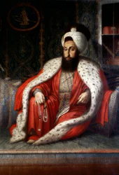 Império Otomano: "Sultão Selim III em Audiência". 1803. Óleo sobre tela por Konstantin Kapidagli. Biblioteca Topkapi Sarayi Istambul.