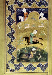 Império Otomano: representação do Sultão Selim I chamado o Terrível (1470-1520) a cavalo durante uma caça de caça contra um guardas. Miniatura do "Divã" (coleção de poemas) escrito pelo Sultão Selim I. (Sra. FY1330, fol. 58a) Século XVI.