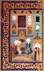 Império Otomano: a representação do Sultão Selim I chamado o Terrível (1470-1520) acompanha dois de seus súditos. Miniatura retirada do "Divã" (poema recuperação) escrito pelo Sultão Selim I. (Sra. FY1330, fol. 28a) Século XVI. Istambul, Universidade Li