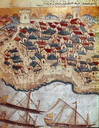 Império Otomano: representação de uma cidade fortificada na margem do Danúbio conquistada por Soliman (Suleyman) Eu disse o magnífico (1520-1566) durante sua marcha em Budapeste e Viena (1526-1529). Miniatura do século XVI. Topkapi Sarayi Istambul