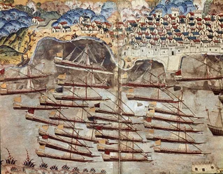 Império Otomano: representação da frota de Barberossa (Khizir Khayr ad-din (Barbaros Hozor Hayreddin Pasha ou Pasa ou Chair ad Din, Chaireddin ou Cheireddin) (1466-1546), corsário, de frente para a cidade de Nice. Miniatura tirada de 