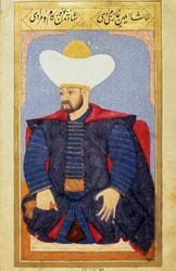 Retrato do Sultão do Império Otomano Murad I (1326-1389) Miniatura do manuscrito "Fisionomia humana (Sobre arranjos pessoais dos otomanos) de Seyyid Lokman Hussein. (Ms. ty6087 folio 27b)