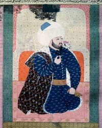Retrato do sultão do Império Otomano Mehet II (Mehmet II o Conquistador ou Mehmed II Fatih) (1430-1481) Miniatura do manuscrito (Ms. 1973, folio 62a) "Zubdat-al Tawarikh" (Zubdat al-Tawarikh) (Creme das Histórias) do historiador Seyyid Loqman As