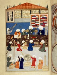 Ciência e Islamismo: "descrição do observatório astronômico do cientista árabe Taqi al-Din (Taqi al Din ou Takiyuddin) (1526-1585) construído sob Murad III em Istambul em 1577, os astrônomos trabalham com instrumentos" Manuscrito miniatura ms. FY 1404 "