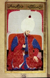 Soliman (Suleyman) I o Magnífico (1494-1566), Sultão Otomano Miniatura do manuscrito "Fisiognomia Humana (Sobre Arranjos Pessoais de Otomanos)" de Seyyid Lokman Hussein. (Ms. ty6087 folio 27b)