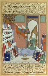 O Arcanjo Gabriel revela a 8ª Sura, capítulo do Alcorão, um Muhammad Miniatura de "Siyari Nabi" (Vida do Proféta)